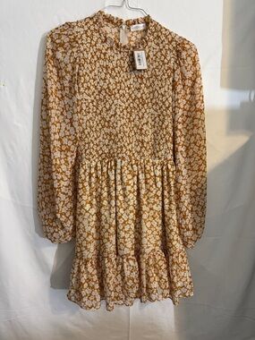 vestique White Floral Smocked Mustard Mini Dress